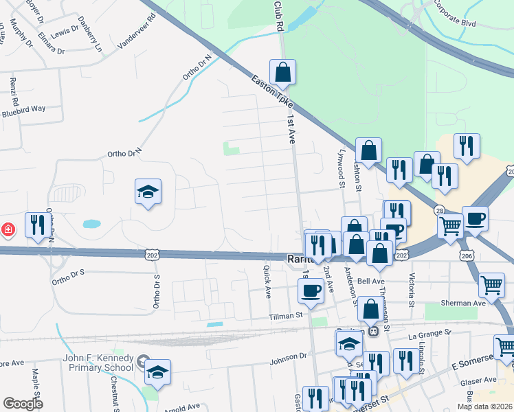map of restaurants, bars, coffee shops, grocery stores, and more near 806 Brooklyn Avenue in Raritan