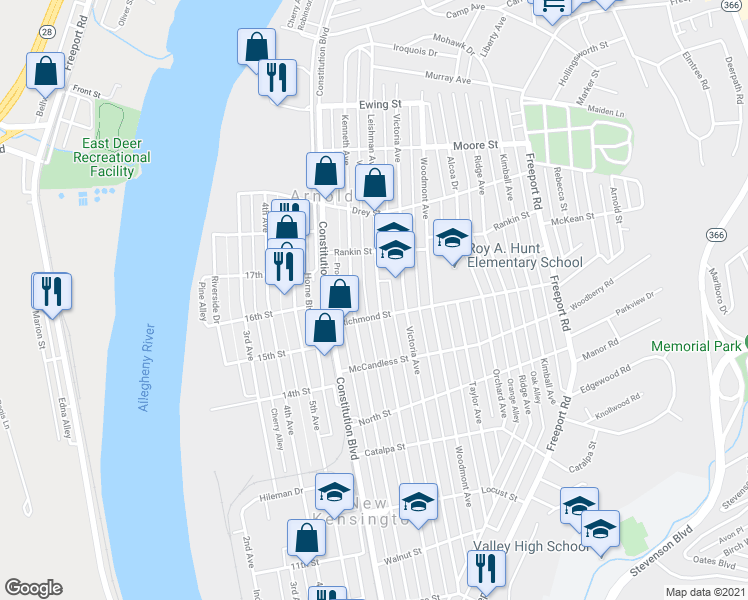 map of restaurants, bars, coffee shops, grocery stores, and more near 1711 Leishman Avenue in New Kensington