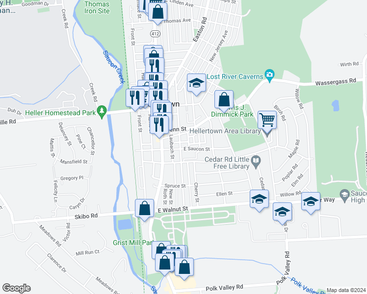 map of restaurants, bars, coffee shops, grocery stores, and more near 107 East Saucon Street in Hellertown
