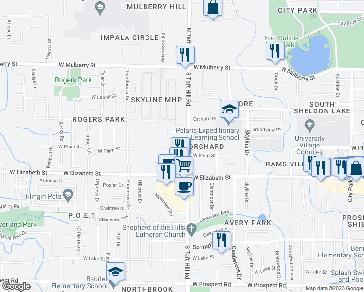 map of restaurants, bars, coffee shops, grocery stores, and more near 833 South Taft Hill Road in Fort Collins