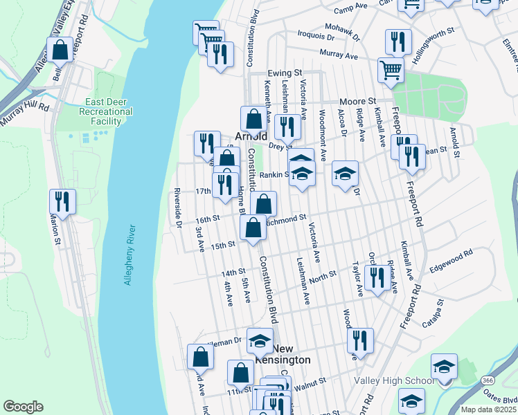 map of restaurants, bars, coffee shops, grocery stores, and more near 1718 Constitution Boulevard in New Kensington