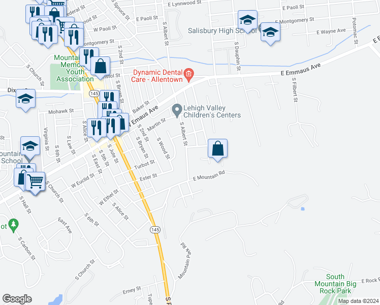 map of restaurants, bars, coffee shops, grocery stores, and more near 2411 South Albert Street in Allentown