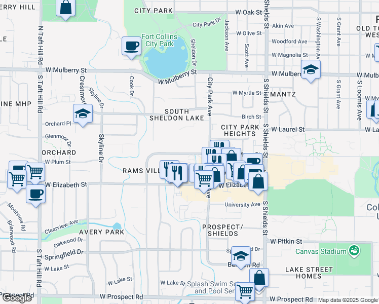 map of restaurants, bars, coffee shops, grocery stores, and more near in Fort Collins