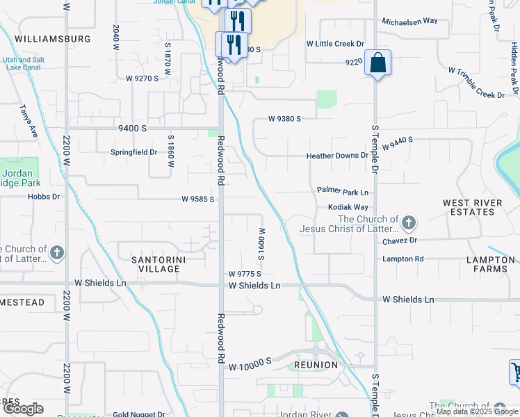 map of restaurants, bars, coffee shops, grocery stores, and more near 1588 West 9620 South in South Jordan