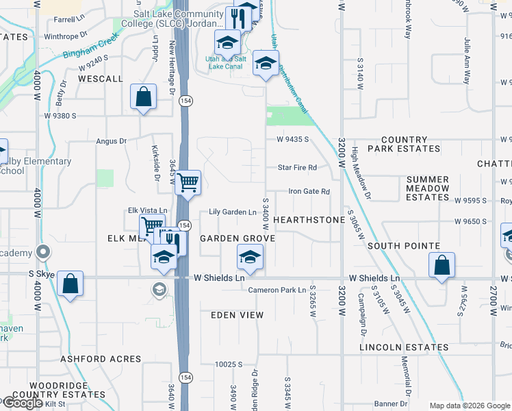 map of restaurants, bars, coffee shops, grocery stores, and more near 9622 Channing Drive in South Jordan