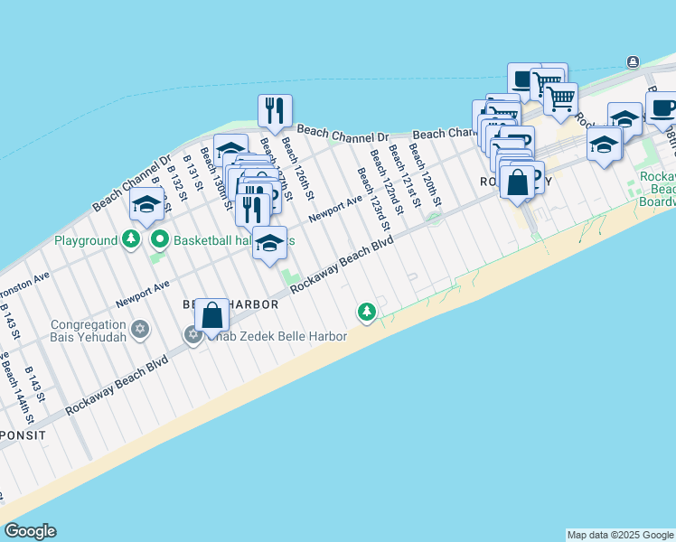 map of restaurants, bars, coffee shops, grocery stores, and more near 184 Beach 126th Street in Queens