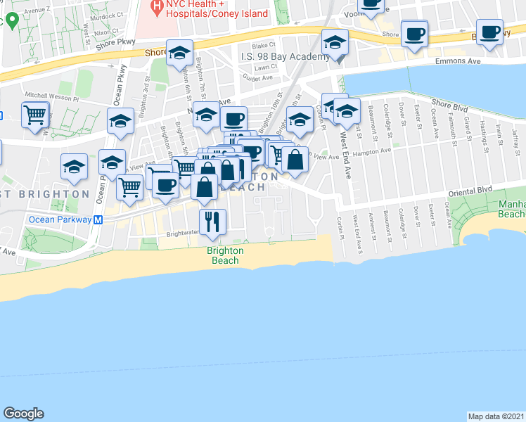 map of restaurants, bars, coffee shops, grocery stores, and more near 80 Oceana Drive West in Brooklyn