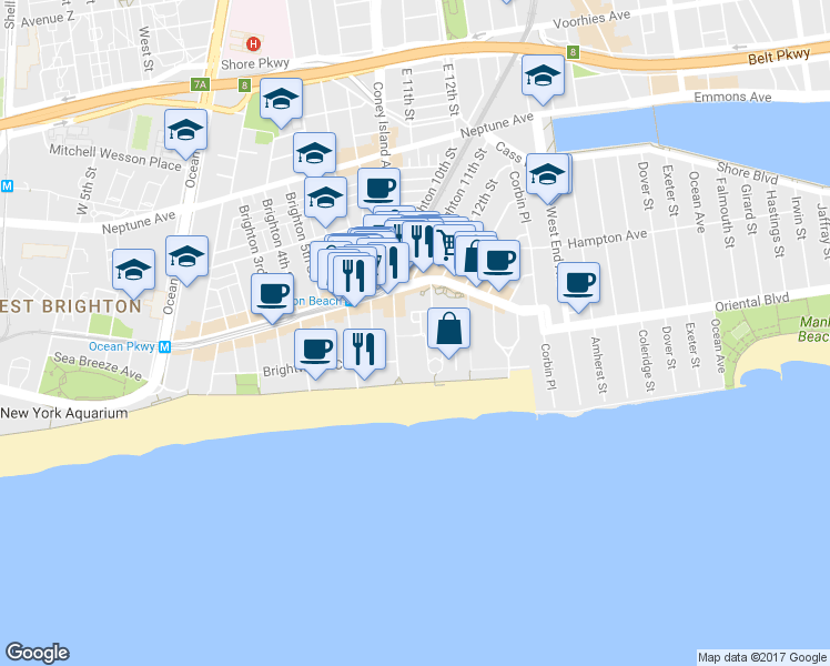 map of restaurants, bars, coffee shops, grocery stores, and more near 126 Oceana Drive West in Brooklyn