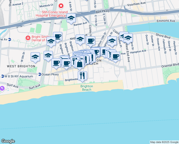 map of restaurants, bars, coffee shops, grocery stores, and more near 3110 Brighton 7th Street in Brooklyn