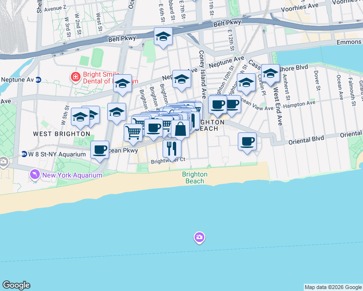 map of restaurants, bars, coffee shops, grocery stores, and more near 3099 Brighton 5th Street in Brooklyn