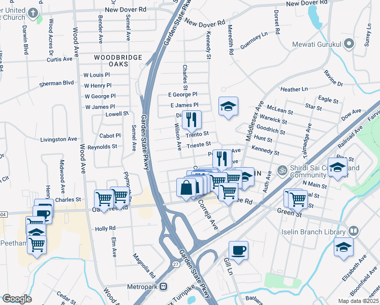 map of restaurants, bars, coffee shops, grocery stores, and more near 122 Pershing Avenue in Woodbridge Township