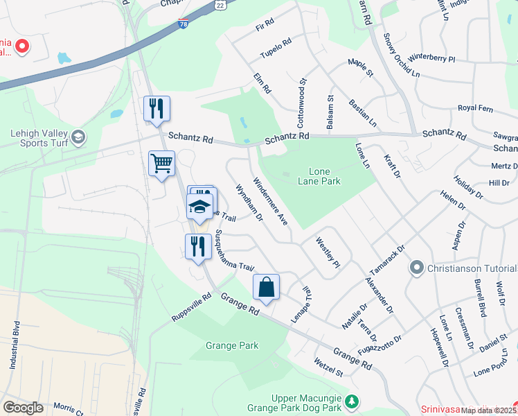 map of restaurants, bars, coffee shops, grocery stores, and more near 160 Wyndham Drive in Allentown