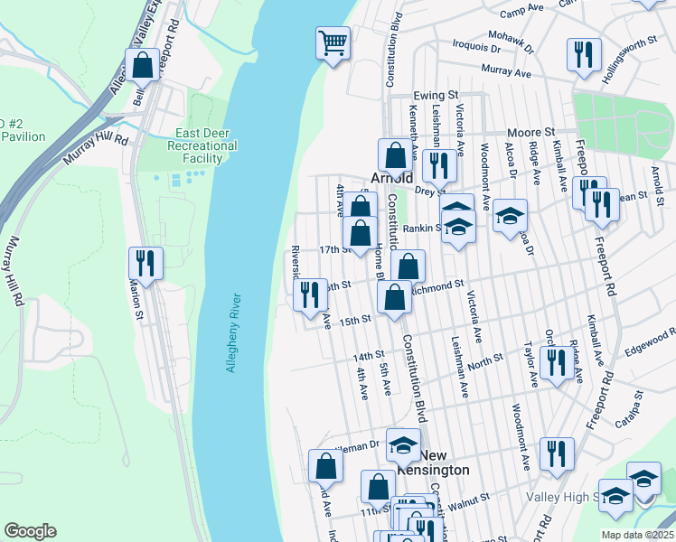 map of restaurants, bars, coffee shops, grocery stores, and more near 1610 3rd Avenue in Arnold