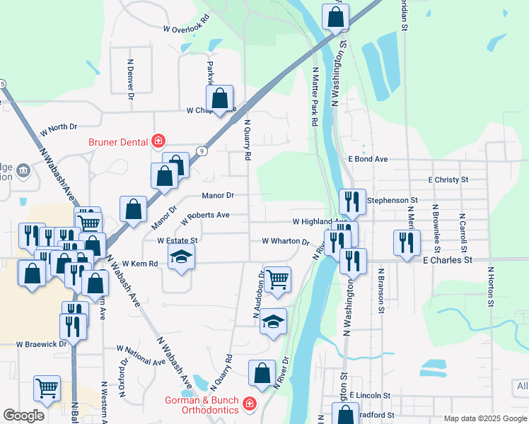 map of restaurants, bars, coffee shops, grocery stores, and more near 525 West Highland Avenue in Marion
