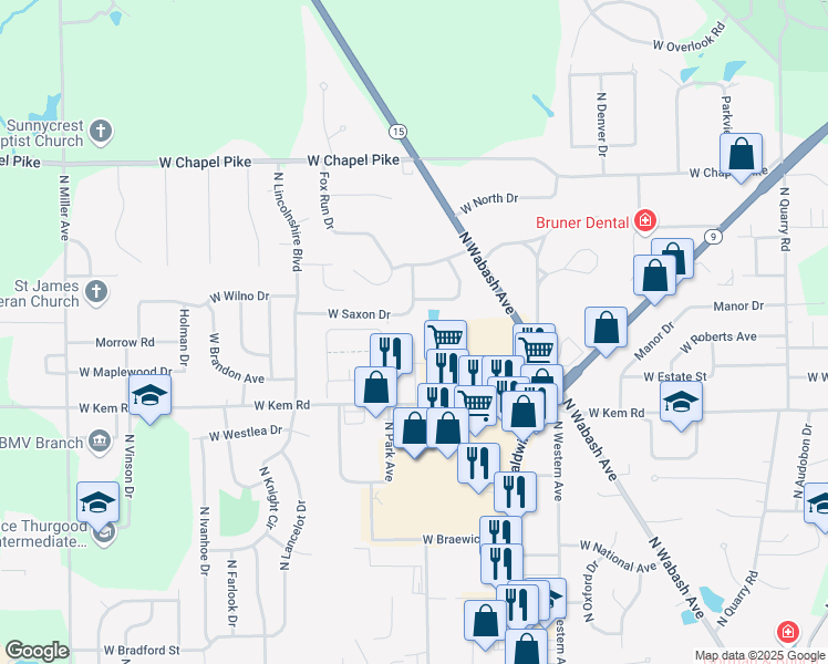map of restaurants, bars, coffee shops, grocery stores, and more near 1032 North Park Forest Drive in Marion