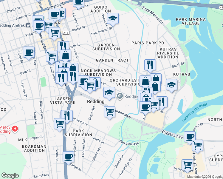 map of restaurants, bars, coffee shops, grocery stores, and more near 745 Locust Street in Redding
