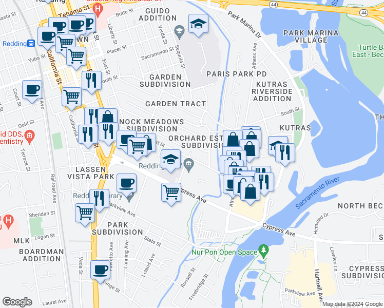 map of restaurants, bars, coffee shops, grocery stores, and more near 660 Locust Street in Redding