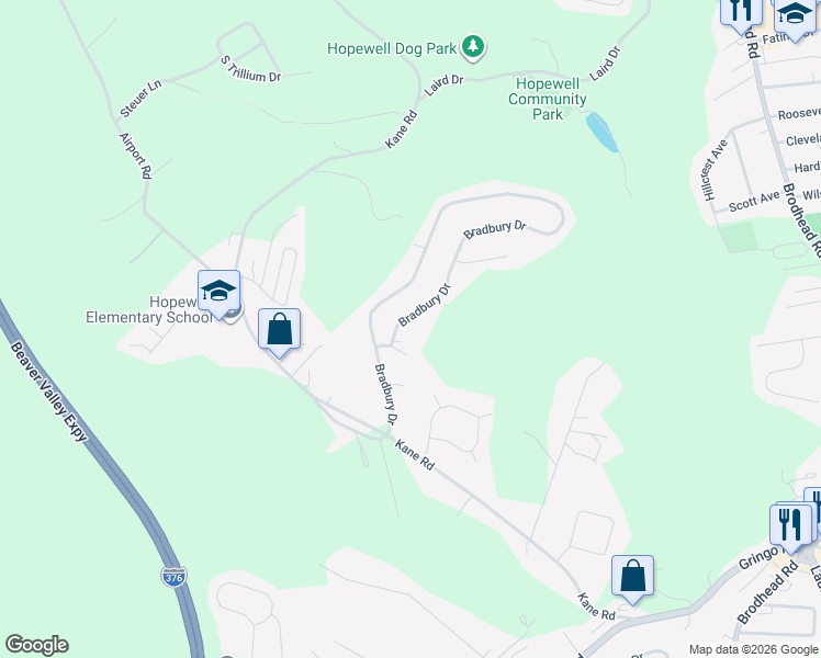 map of restaurants, bars, coffee shops, grocery stores, and more near 3291 Bradbury Drive in Aliquippa