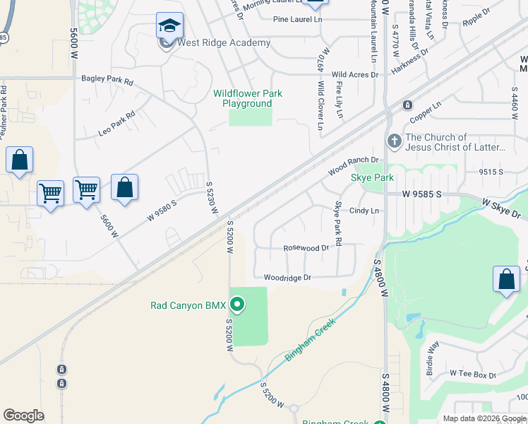 map of restaurants, bars, coffee shops, grocery stores, and more near 5102 Wood Ranch Drive in South Jordan