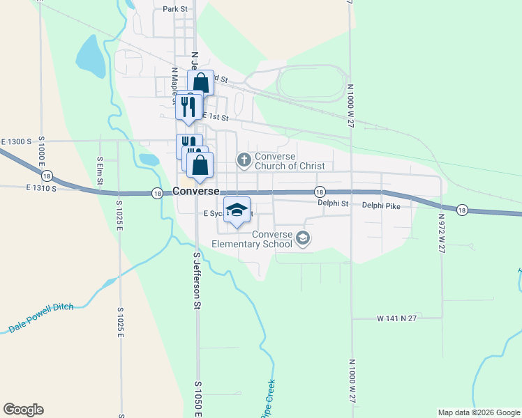 map of restaurants, bars, coffee shops, grocery stores, and more near 401 East Sycamore Street in Converse