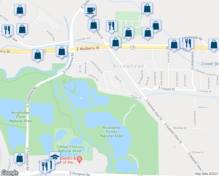 map of restaurants, bars, coffee shops, grocery stores, and more near 806 Countryside Drive in Fort Collins