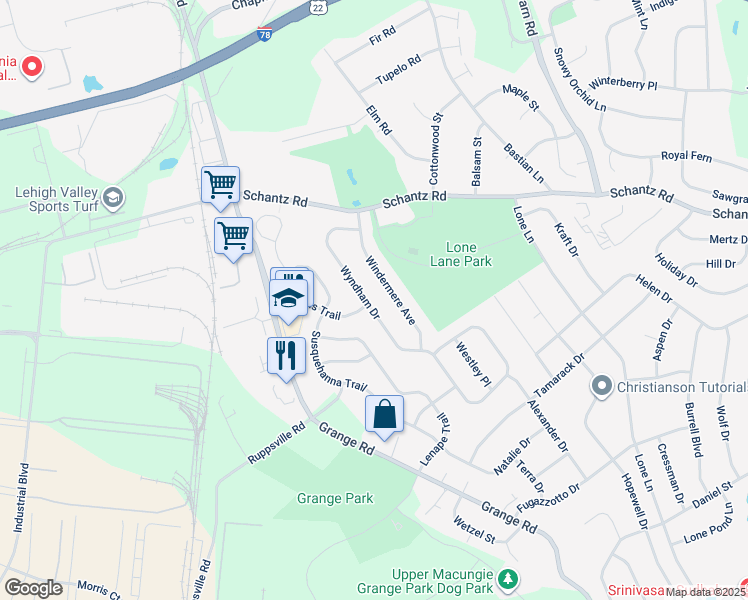 map of restaurants, bars, coffee shops, grocery stores, and more near 160 Wyndham Drive in Allentown