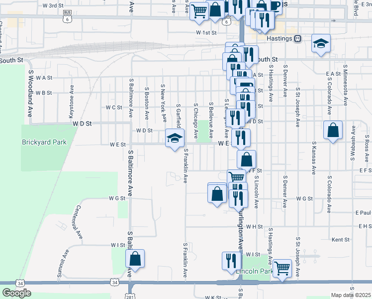 map of restaurants, bars, coffee shops, grocery stores, and more near 720 South Franklin Avenue in Hastings