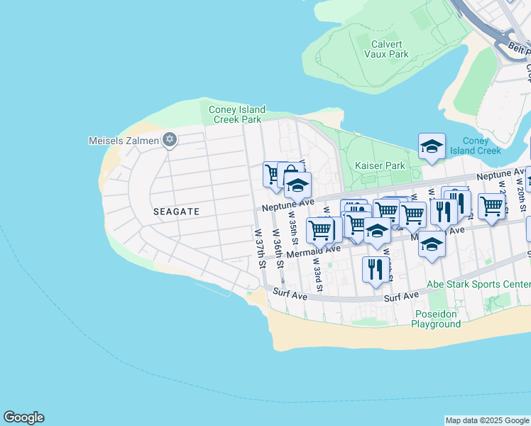 map of restaurants, bars, coffee shops, grocery stores, and more near 3614 Neptune Avenue in Brooklyn