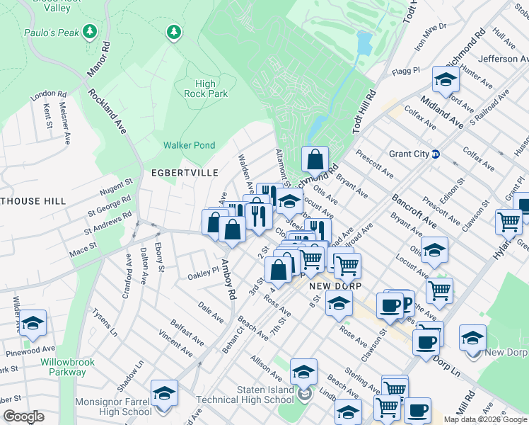 map of restaurants, bars, coffee shops, grocery stores, and more near 2425 Richmond Road in Staten Island
