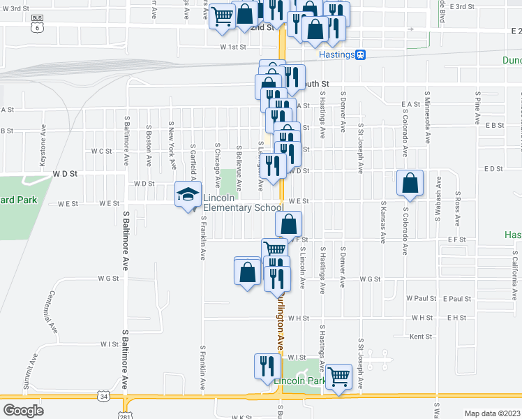 map of restaurants, bars, coffee shops, grocery stores, and more near 706 South Lexington Avenue in Hastings