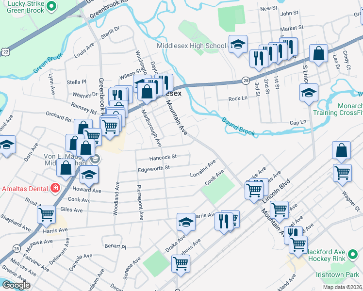map of restaurants, bars, coffee shops, grocery stores, and more near 512 Wellington Street in Middlesex