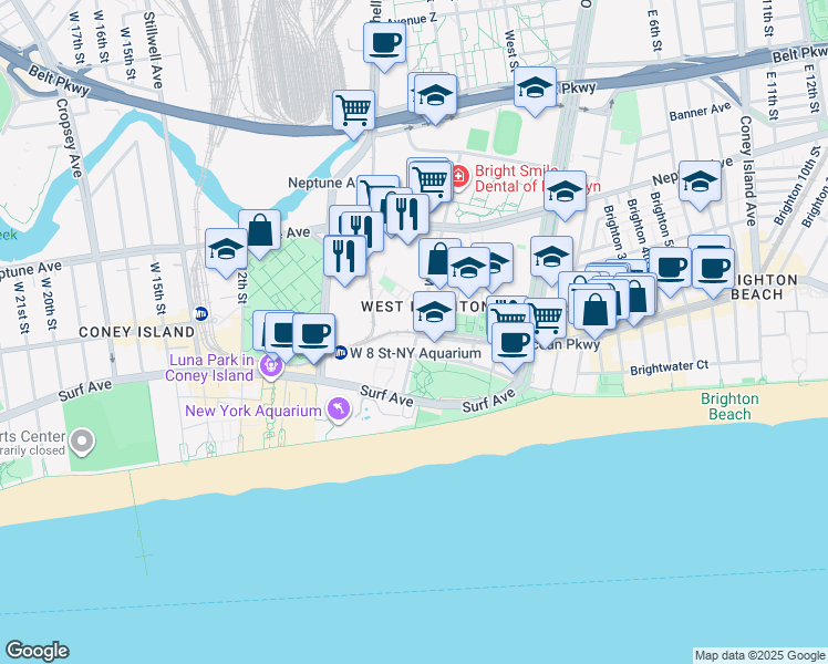 map of restaurants, bars, coffee shops, grocery stores, and more near 337 Sea Breeze Avenue in Brooklyn