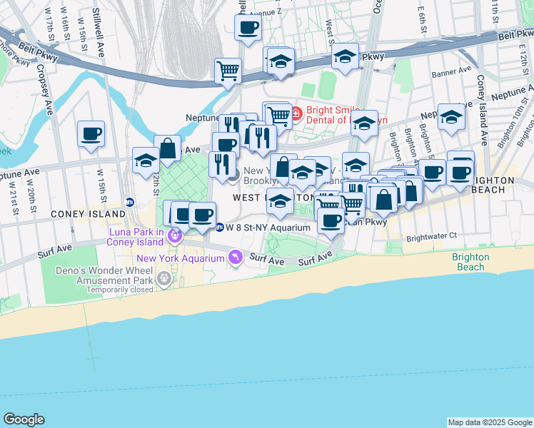 map of restaurants, bars, coffee shops, grocery stores, and more near 2940 West 5th Street in Brooklyn