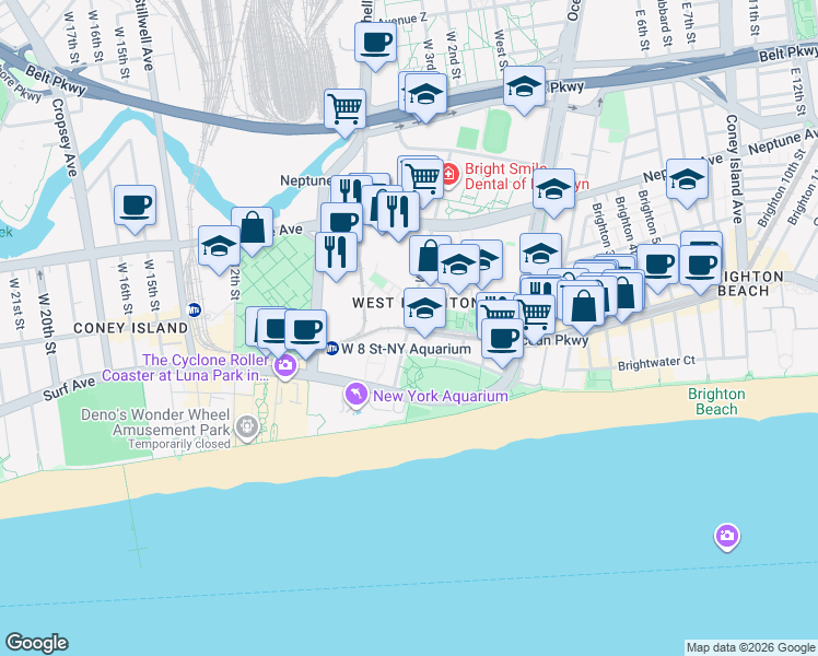 map of restaurants, bars, coffee shops, grocery stores, and more near 337 Sea Breeze Avenue in Brooklyn