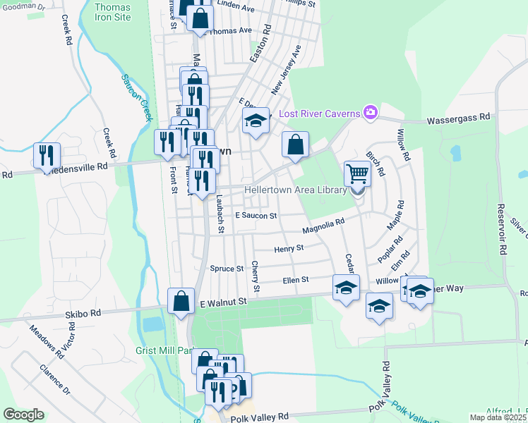 map of restaurants, bars, coffee shops, grocery stores, and more near 205 East Saucon Street in Hellertown