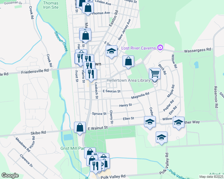 map of restaurants, bars, coffee shops, grocery stores, and more near 205 East Saucon Street in Hellertown