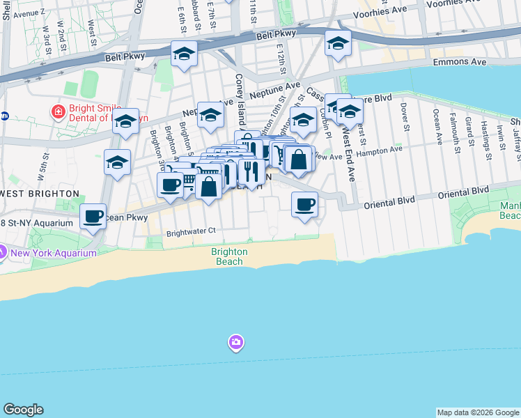 map of restaurants, bars, coffee shops, grocery stores, and more near 80 Oceana Drive West in Brooklyn