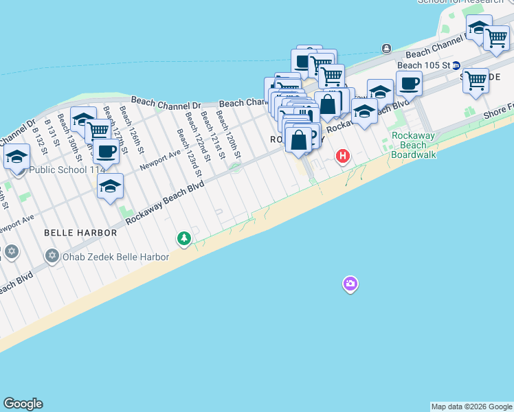 map of restaurants, bars, coffee shops, grocery stores, and more near 119-2 Ocean Promenade Belle Harbor in Queens