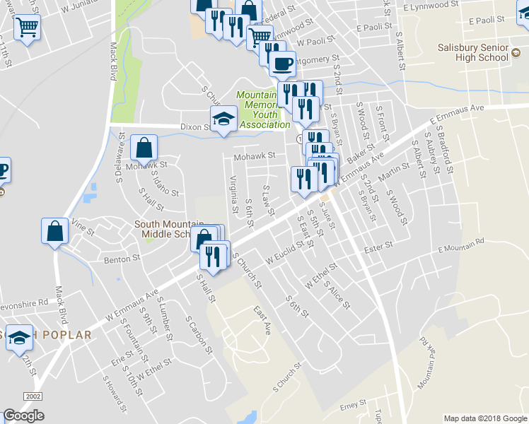 map of restaurants, bars, coffee shops, grocery stores, and more near 2012 South Law Street in Allentown