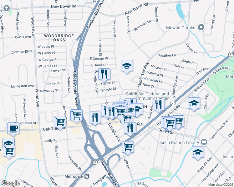 map of restaurants, bars, coffee shops, grocery stores, and more near 62 Pershing Avenue in Woodbridge Township