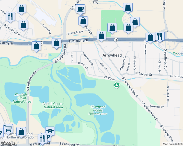 map of restaurants, bars, coffee shops, grocery stores, and more near 2624 Darren Street in Fort Collins