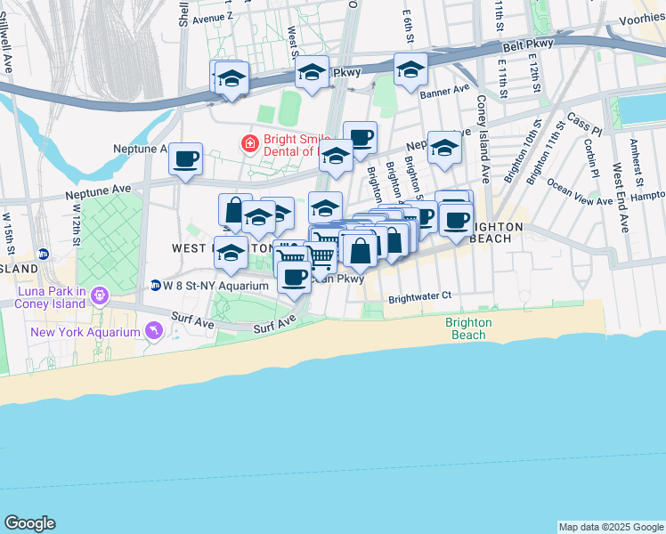 map of restaurants, bars, coffee shops, grocery stores, and more near 105 Brighton Beach Avenue in Brooklyn