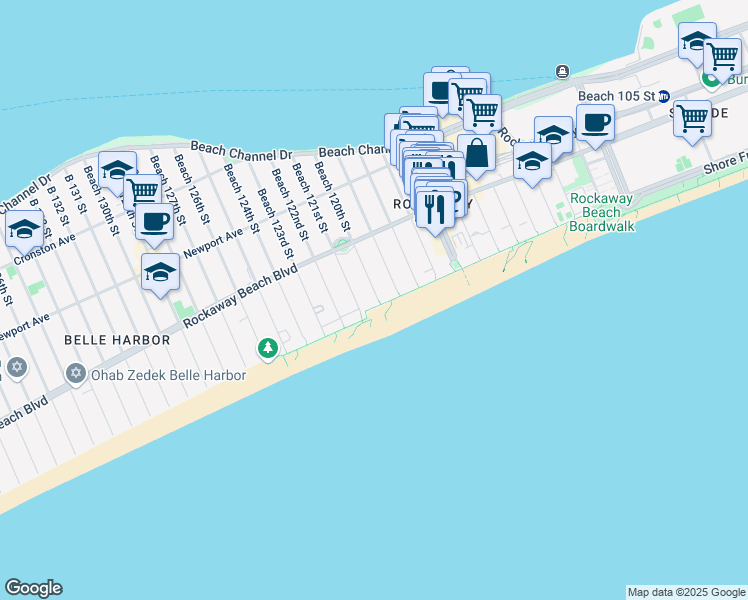 map of restaurants, bars, coffee shops, grocery stores, and more near 119-2 Ocean Promenade Belle Harbor in Queens