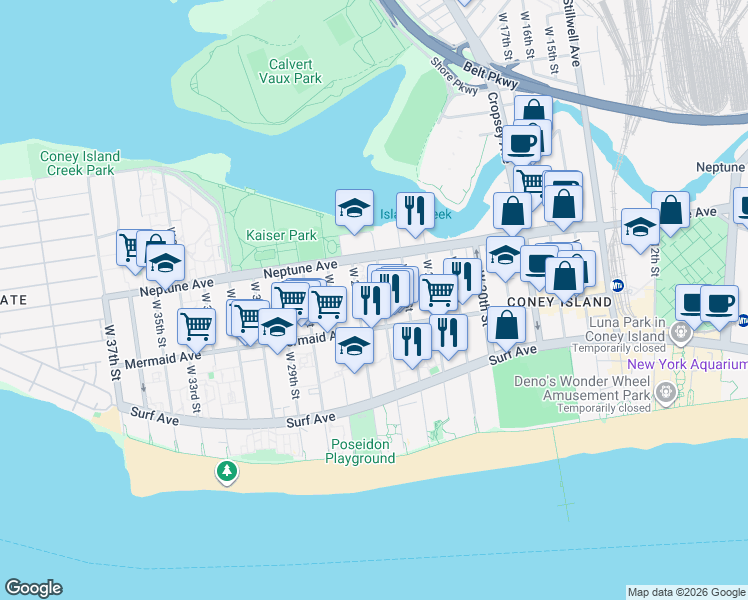 map of restaurants, bars, coffee shops, grocery stores, and more near 2850 West 24th Street in Brooklyn