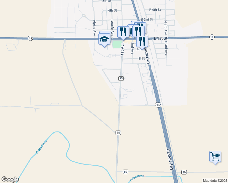 map of restaurants, bars, coffee shops, grocery stores, and more near 365 Linden Oaks Drive in Ault