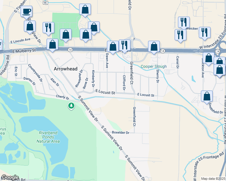 map of restaurants, bars, coffee shops, grocery stores, and more near 3209 East Locust Street in Fort Collins