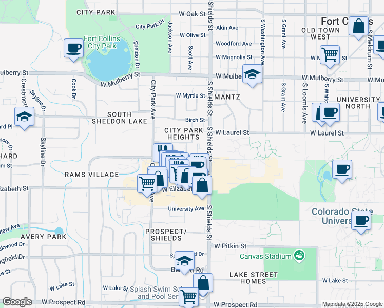map of restaurants, bars, coffee shops, grocery stores, and more near 1113 West Plum Street in Fort Collins