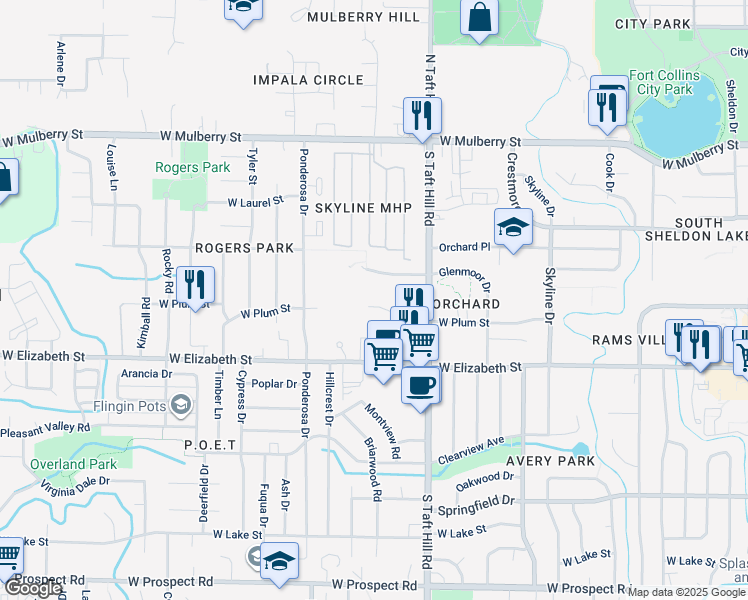map of restaurants, bars, coffee shops, grocery stores, and more near 2156 West Plum Street in Fort Collins