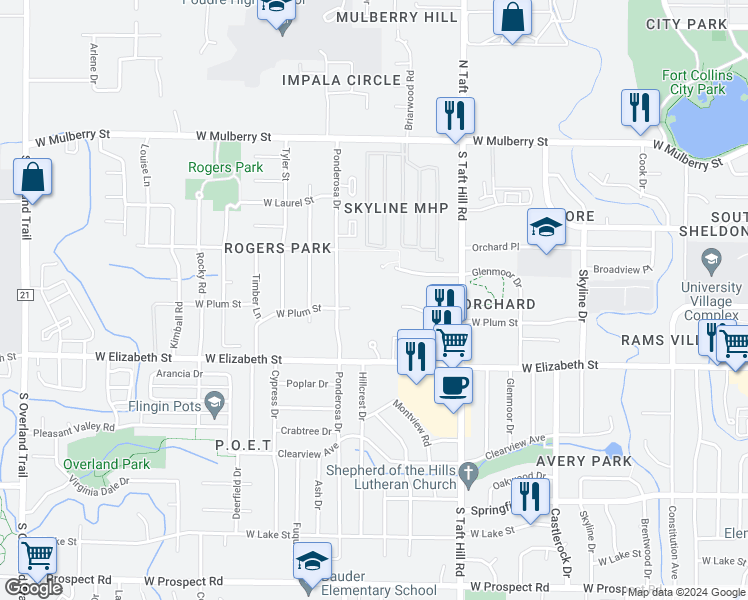 map of restaurants, bars, coffee shops, grocery stores, and more near 2250 West Elizabeth Street in Fort Collins