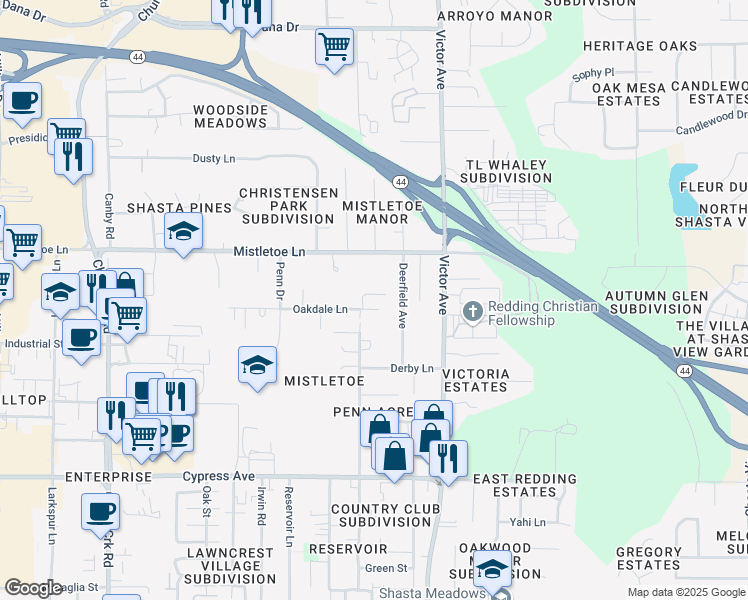 map of restaurants, bars, coffee shops, grocery stores, and more near 1605 Oakdale Lane in Redding